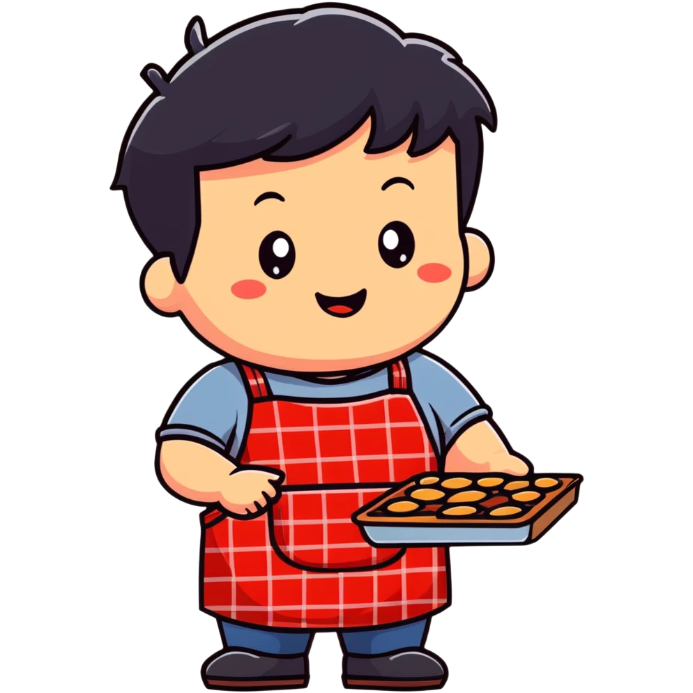 chubby boy with black hair styled upward in front, wearing a red and white checkered plaid apron emoji