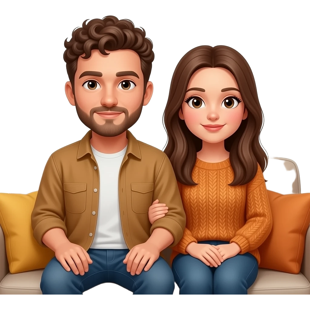 Realistic white man brown super short curly hair with beard being cozy with realistic white woman brown long straight hair on couch autumn emoji