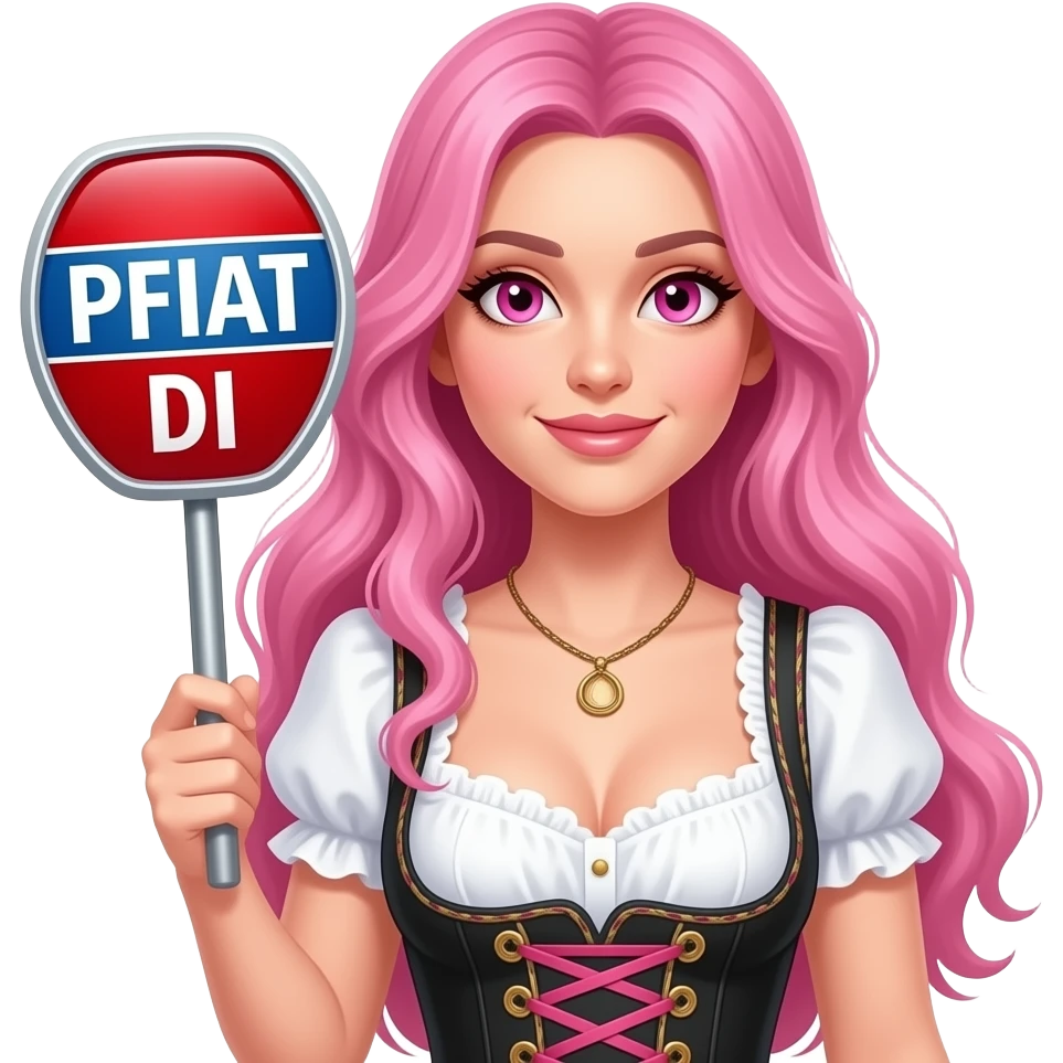 sexy girl with long pink hair and pink eyes wearing a dirndl holding a PFIAT DI sign emoji