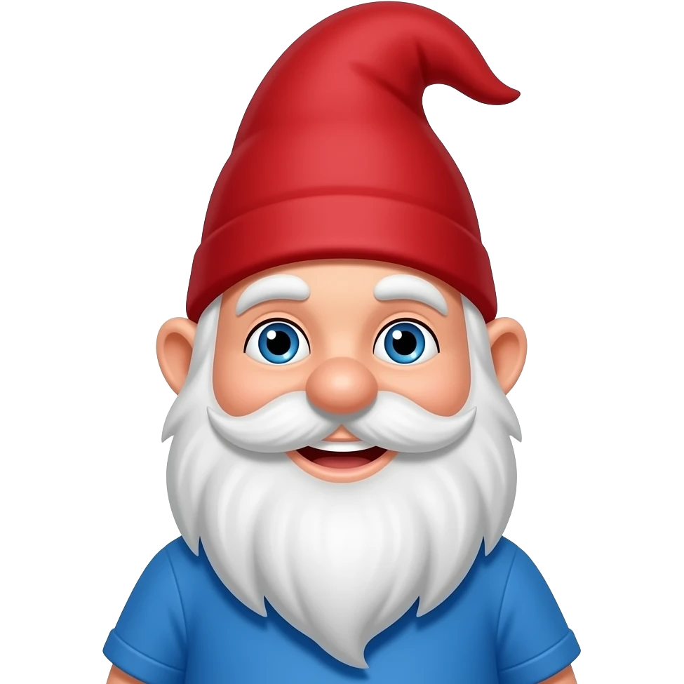 A smiling traveling Gnome with a white beard , blue eye, blue shirt and a red pointed hair emoji