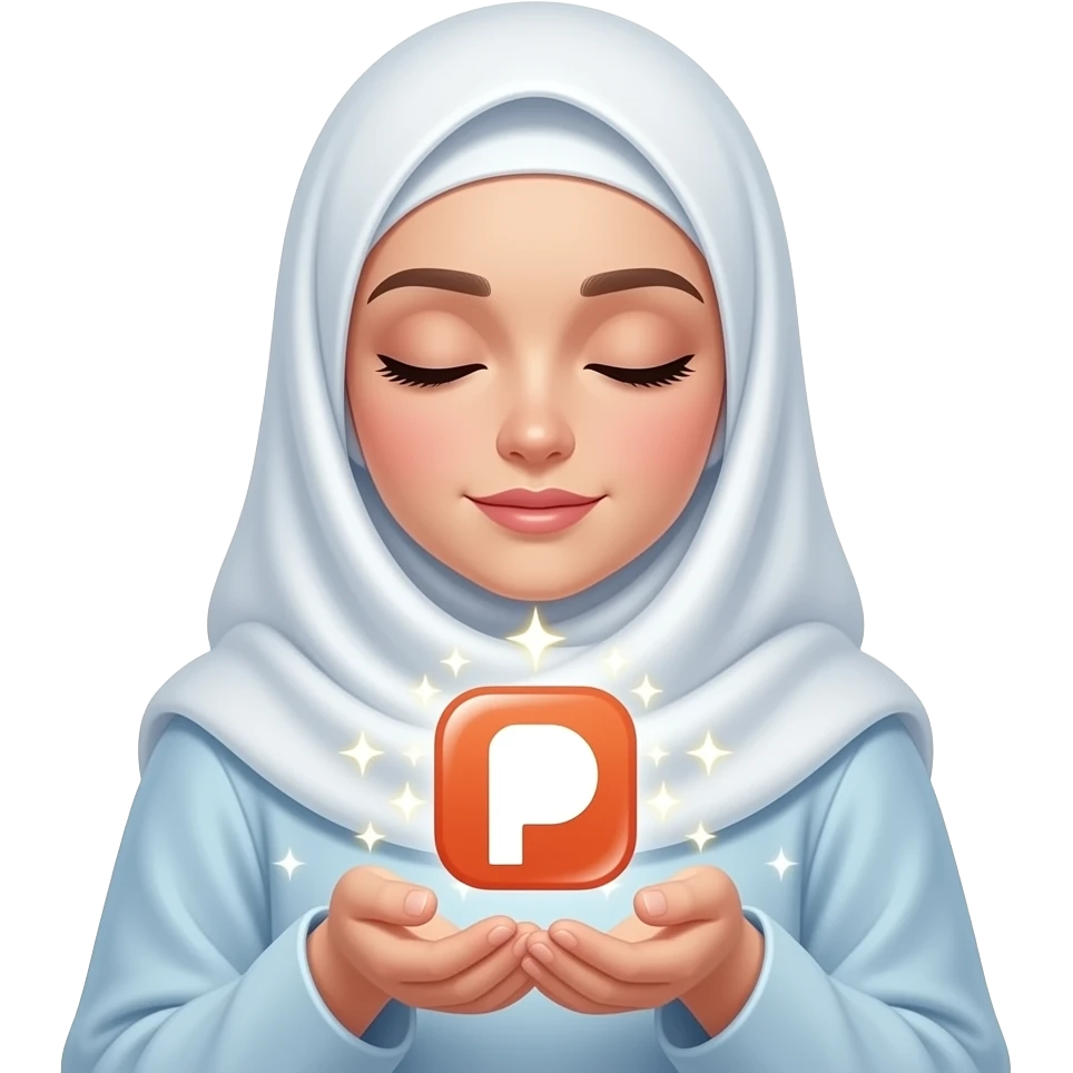 An ethereal Muslim woman, closed eyes, wearing a soft white satin hijab, gently cupping a luminous Patreon icon made of liquid light. Text bubble: 'WHAT DO THEY GET IN?'. Isolated on white, magical stardust, 3D icon style emoji