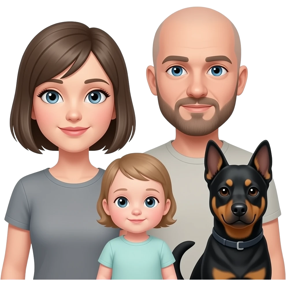 grey eyes woman with dark blond bob haircut and her boyfriend bald blue eye man with beard, her little shiatsu black dog and her 10 months daughter with no hair emoji