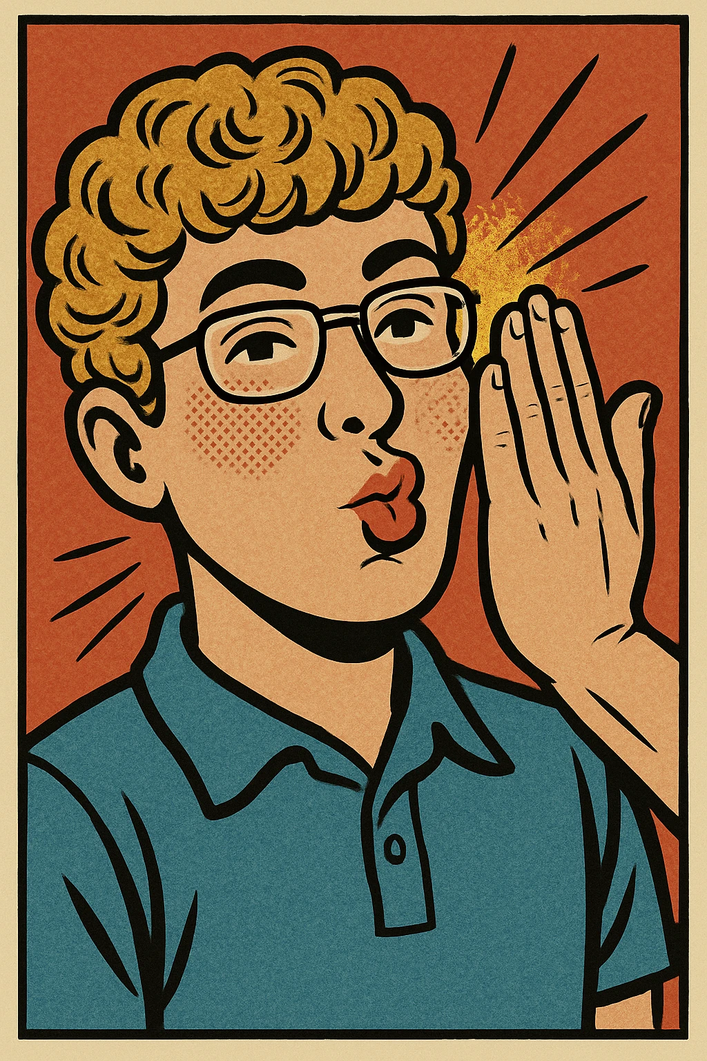 Make the boy look more like the reference photo with curly light brown hair, glasses, fair skin, and similar facial features in a comic book style. Show him getting slapped with dynamic motion lines to highlight the impact. emoji