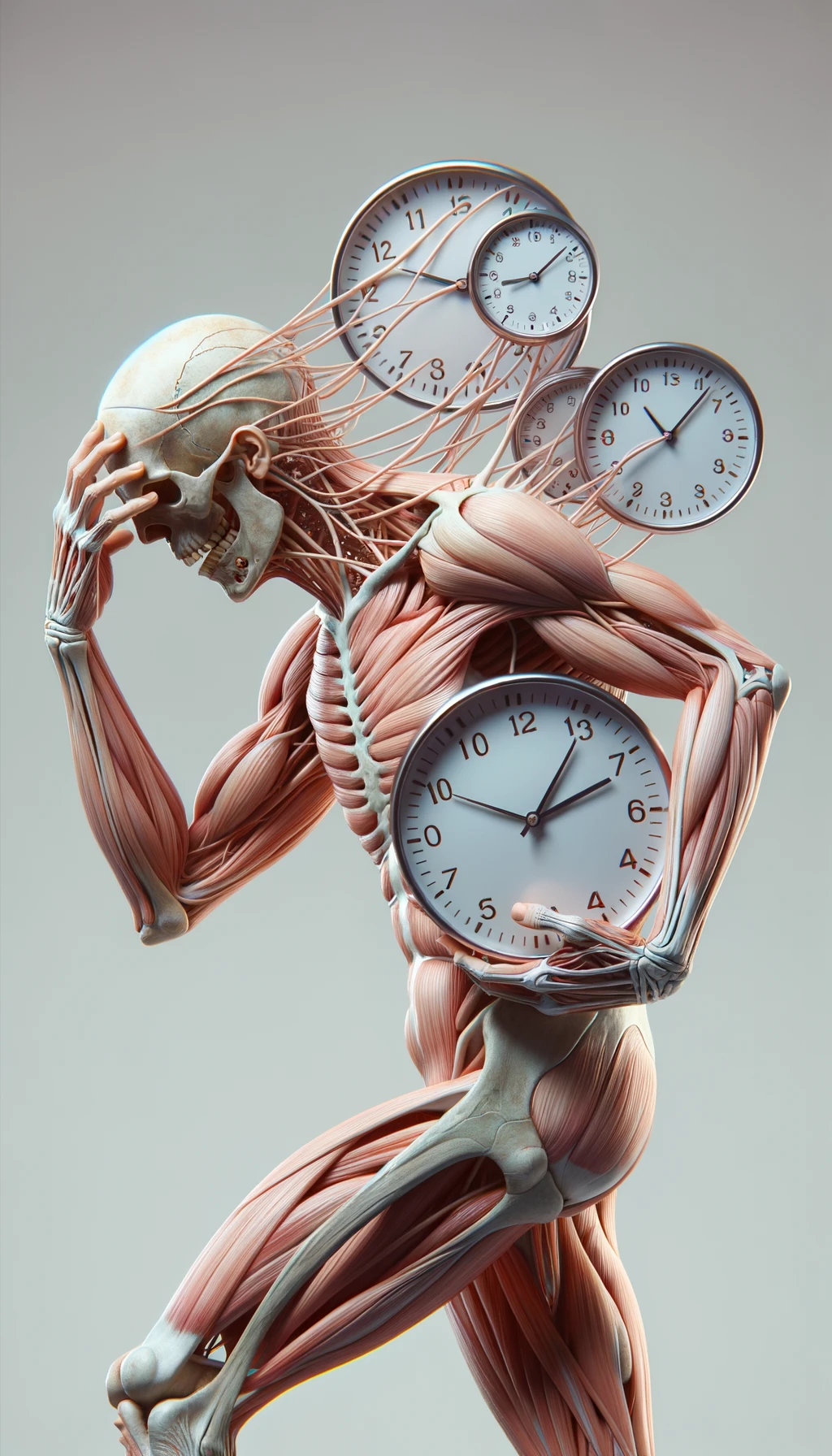 corpo umano anatomico CHE TIENE OROLOGI NELLE MANI E STA IMPAZZENDO PERCHé NON RIESCE A SVOLGERE TUTTE LE SUE ATTIVITà QUOTIDIANE: NON HA TEMPO, SFONDO CHIARO, iperrealistico 4k emoji