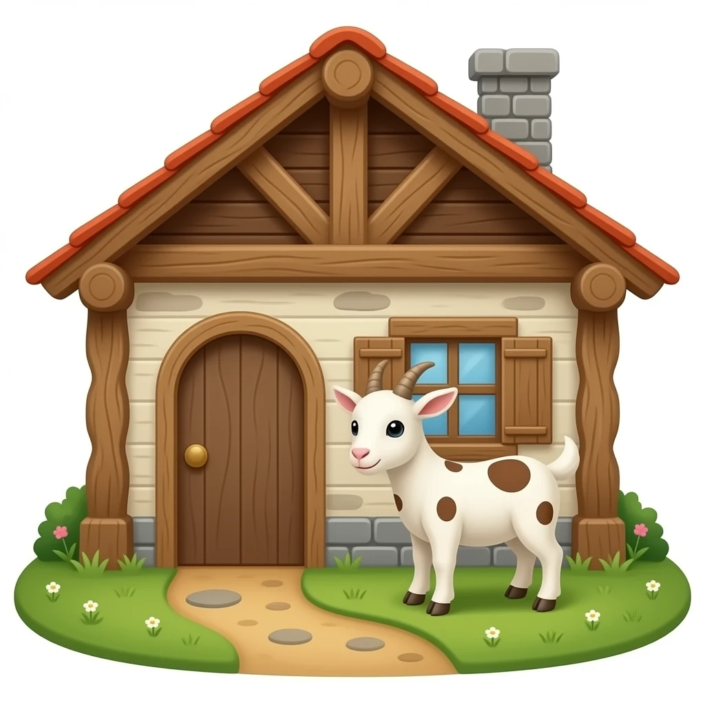 hazme la parte de dentro de una casa, la casa tiene que ser rustica. Pon alguna cabra pequeña con manchas marrones dentro de la casa. emoji