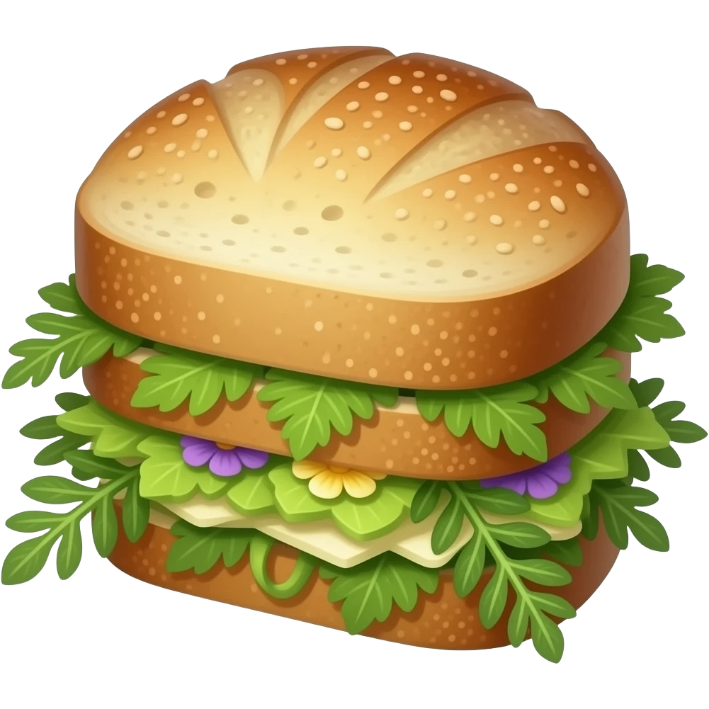 Elegant whymsical forest fairy sandwich, delicate layers, fresh herbs, edible flowers, rustic bread, botanical fantasy, emerald green, amber, subtle violet accents. emoji