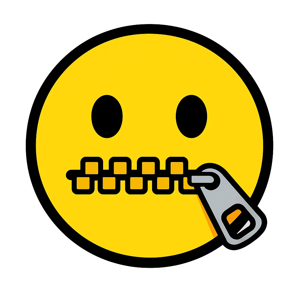Crea una versione colorata in stile emoji classico, ispirata a questa immagine: emoji gialla con occhi semplici e bocca chiusa da una cerniera. emoji