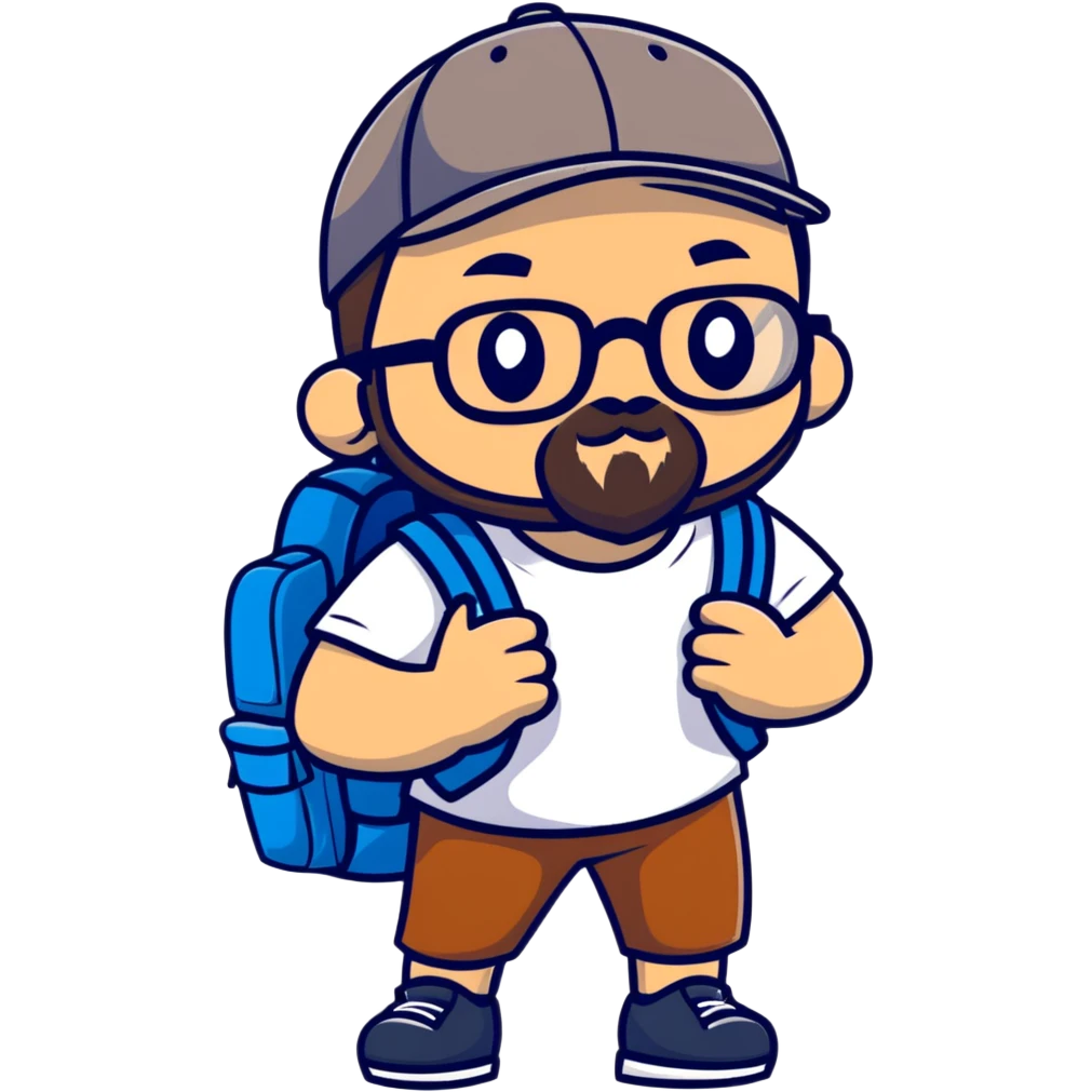 adventurer with backpack, small beard, glasses and backwards baseball cap emoji