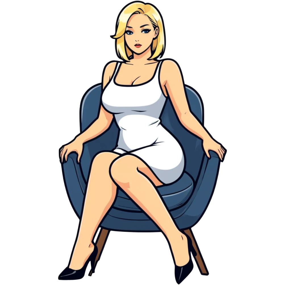 Blond lady.naked .big boobs.short dress .sitiing on chair with her legs open emoji