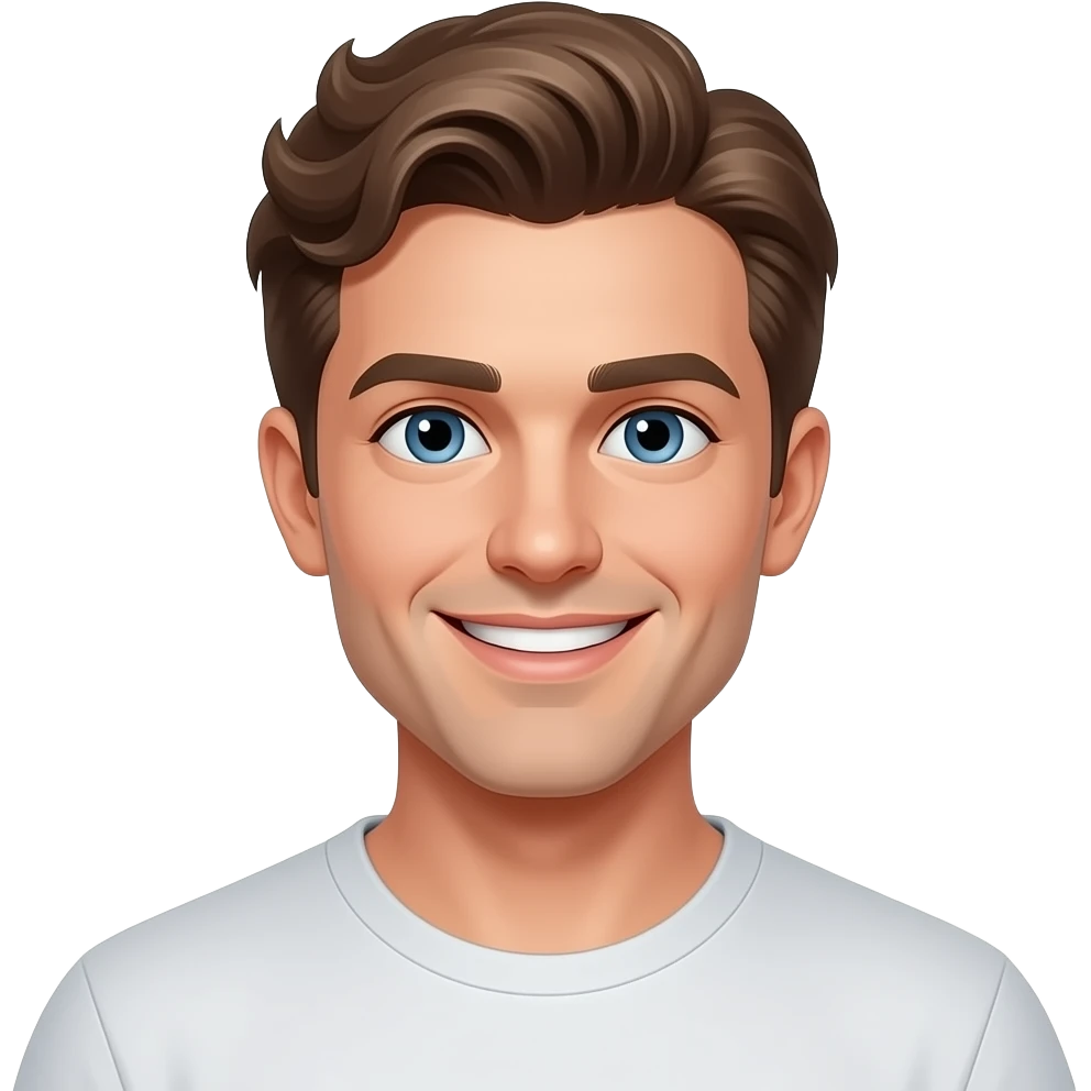 30 year old man, clean shaven, smiling with blue eyes and wavy brown hair parted on left, in t-shirt emoji