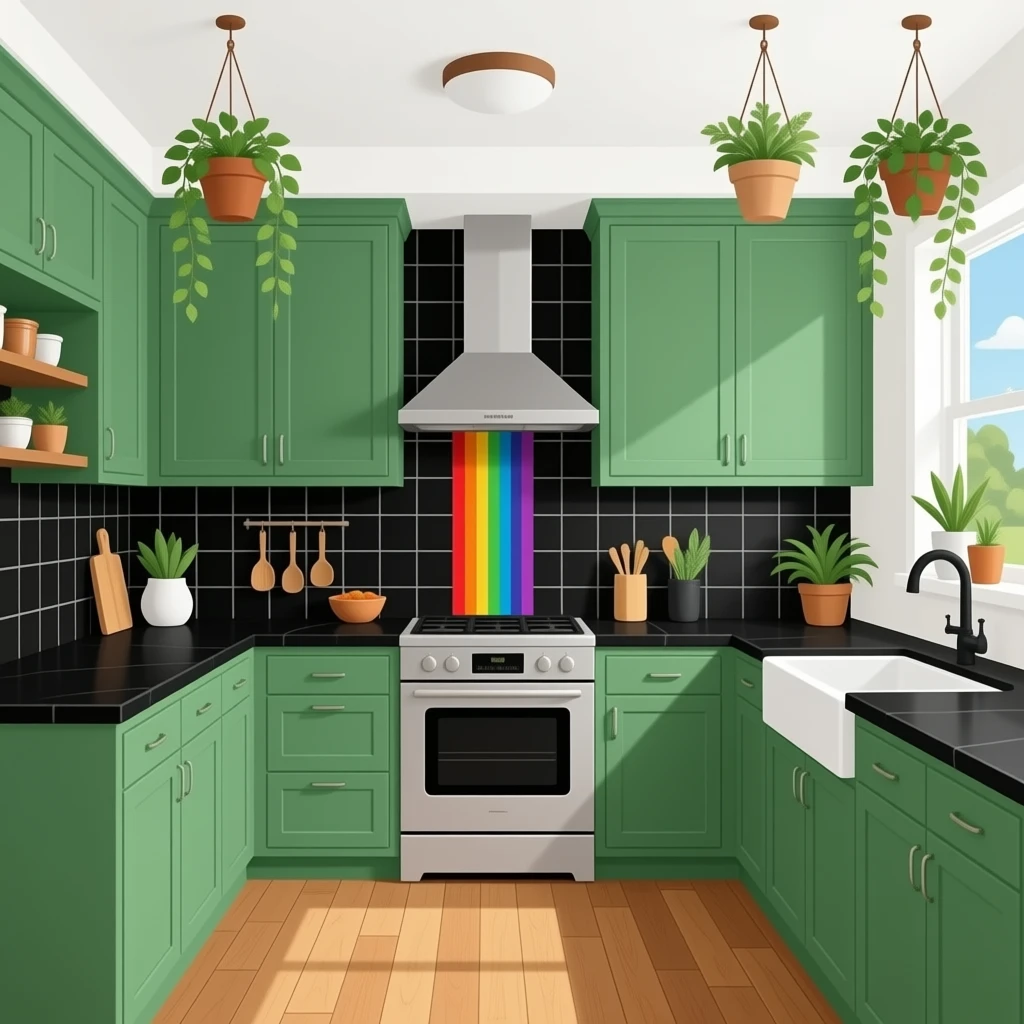 fancy kitchen with black wall tiles and rainbow grout lines, kelly Green cabinets, black countertops, wood floors and decorative plants on the ceiling emoji