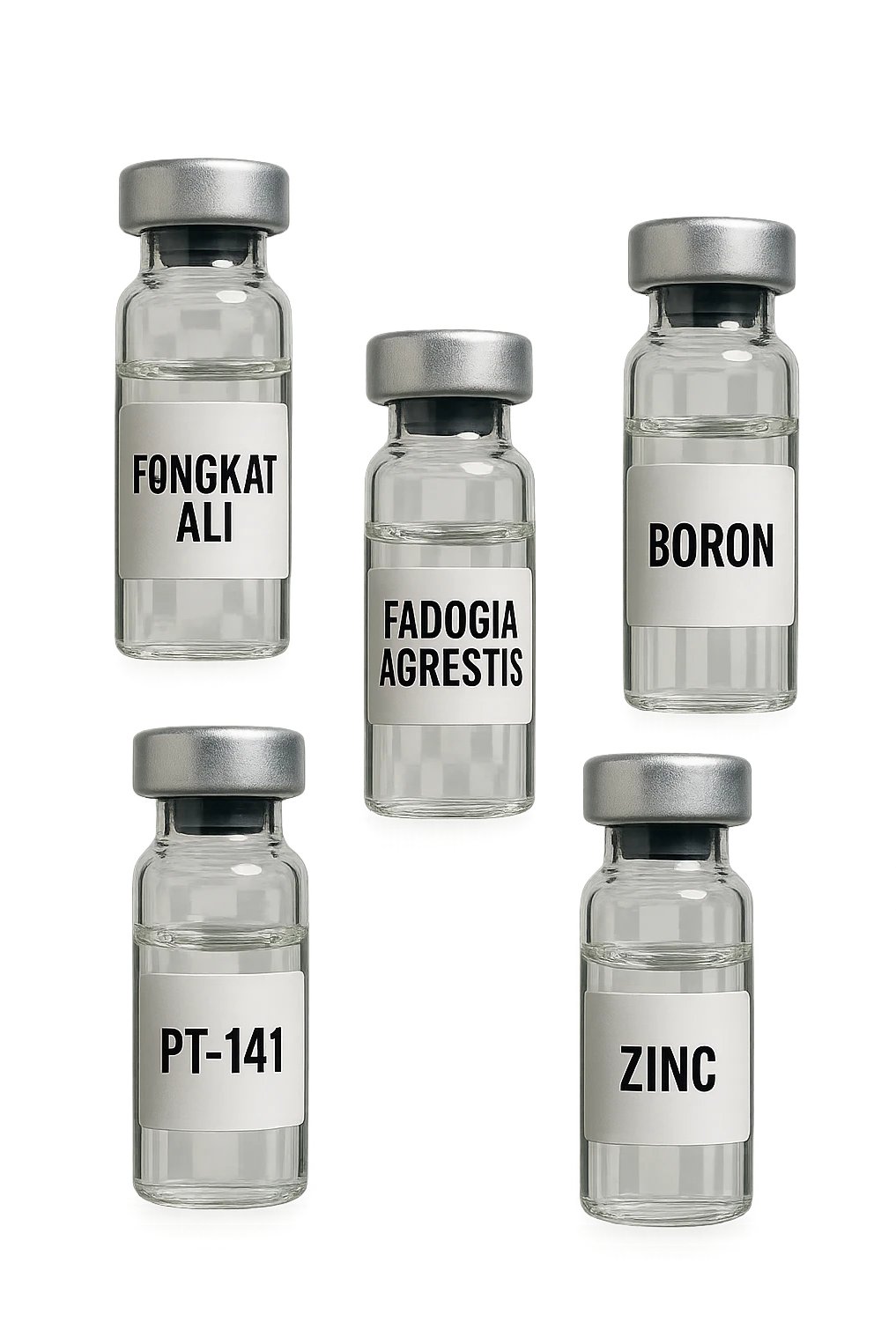 3 fiale mediche: Tongkat Ali, Fadogia Agrestis, PT-141, Boron e Zinco fluttuano in aria verticalmente emoji