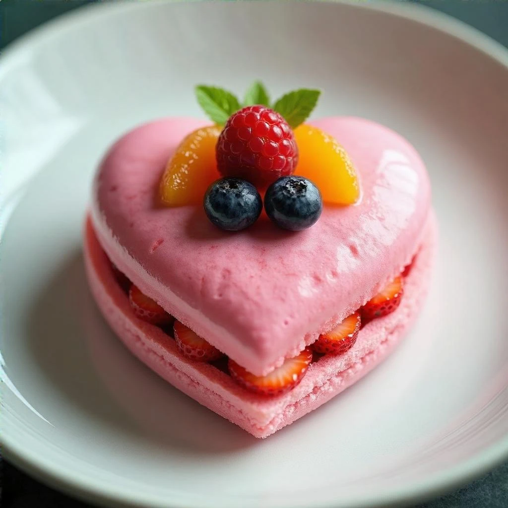 pink heart-shaped food with a fruit topping emoji