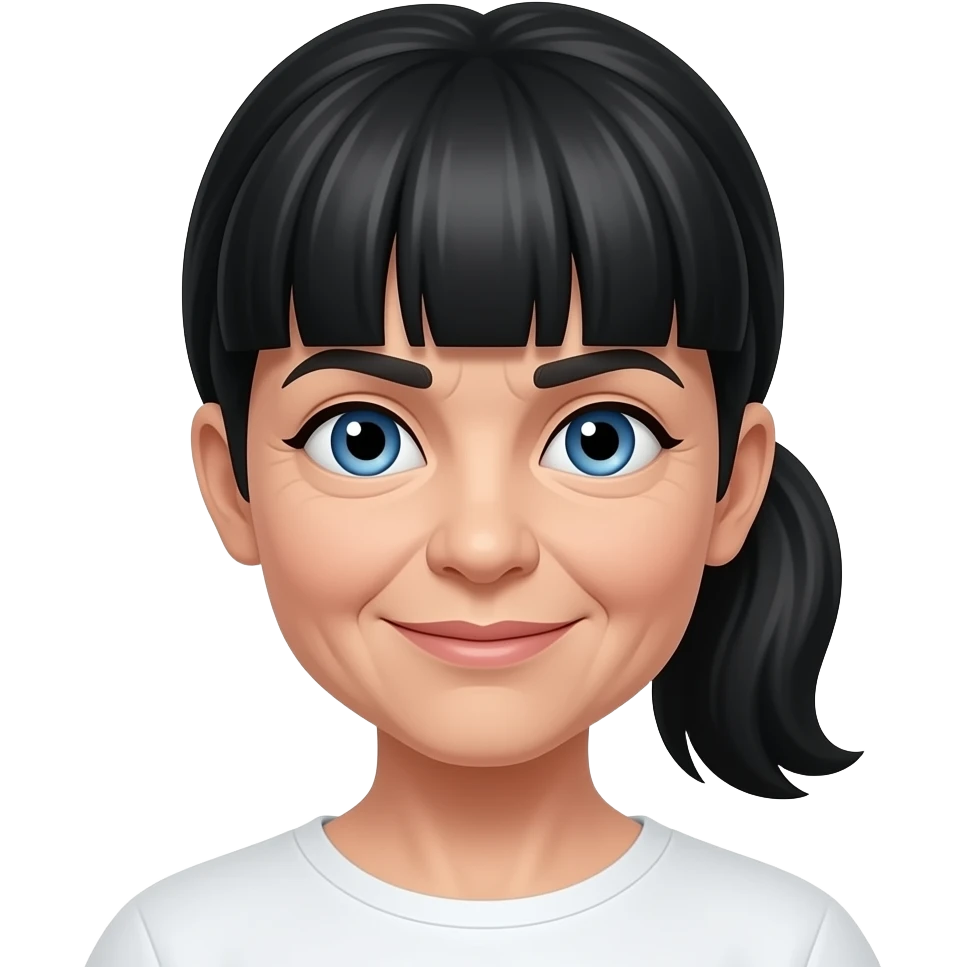 Blue eyes thick bangs ponytail black hair old woman emoji