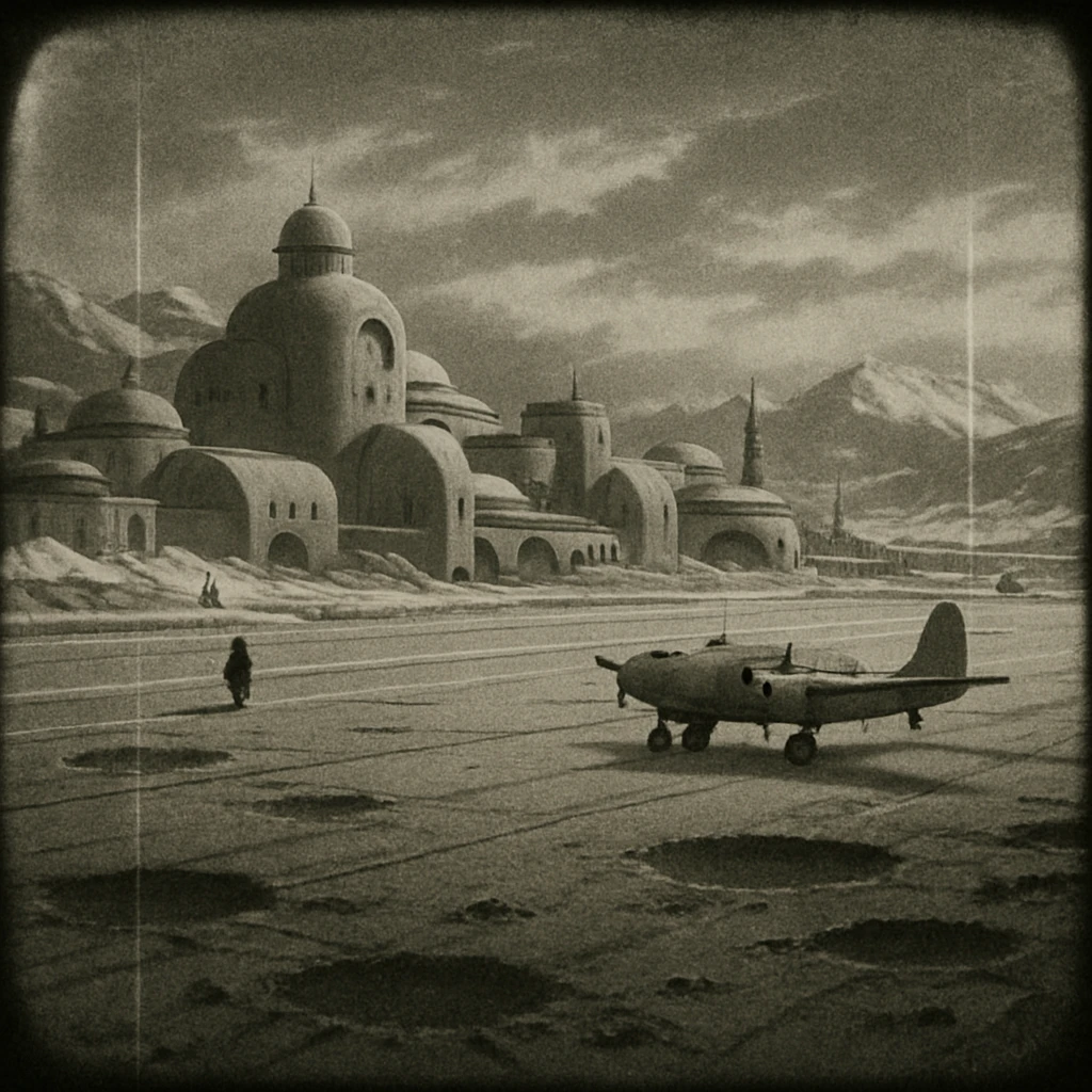8mm film black and white, no color, light leaks. the image shows post-war reconstruction-era life in the z'rian commonwealth capital region, santa-fe neo-adobe futuristic architechture. arctic temperate region. the image shows a vast airstrip, craters and blast marks emoji