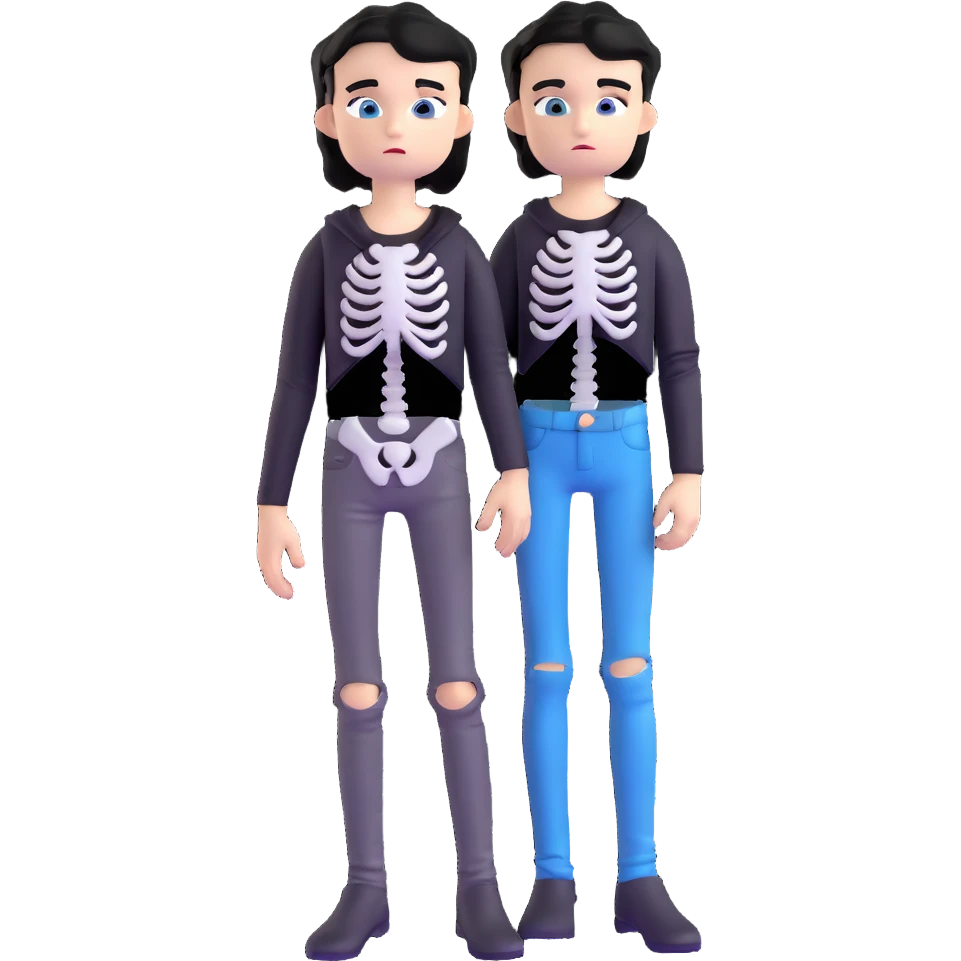 black-haired, blue-eyed boy wearing a black skeleton top and ripped black jeans emoji