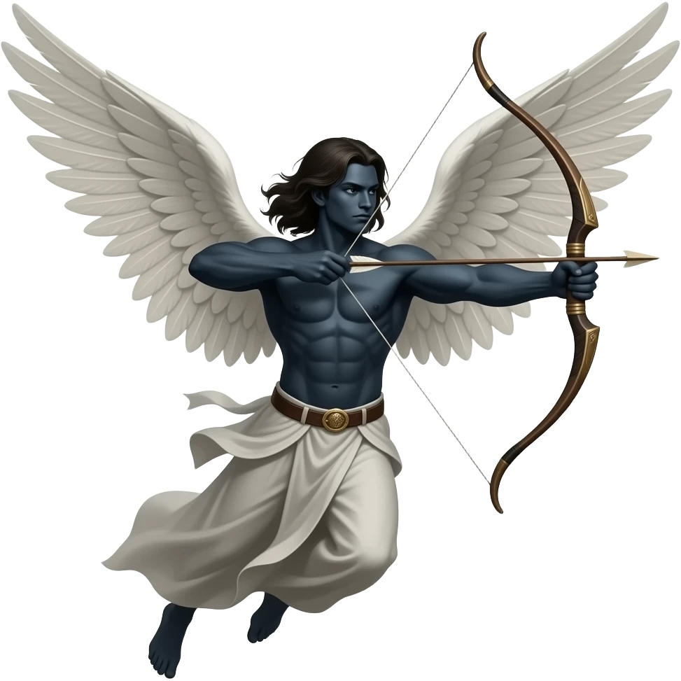 a being with angel wings and dark light where the face should be flying shooting bow and arrows emoji