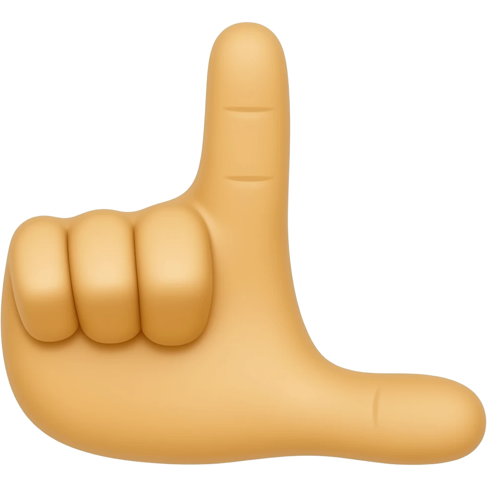 yellow right hand index finger pointing straight up and the thumb extended horizontally at a 90-degree angle, forming a clear capital letter 'L' shape. The middle, ring, and pinky fingers are curled tightly into the palm emoji