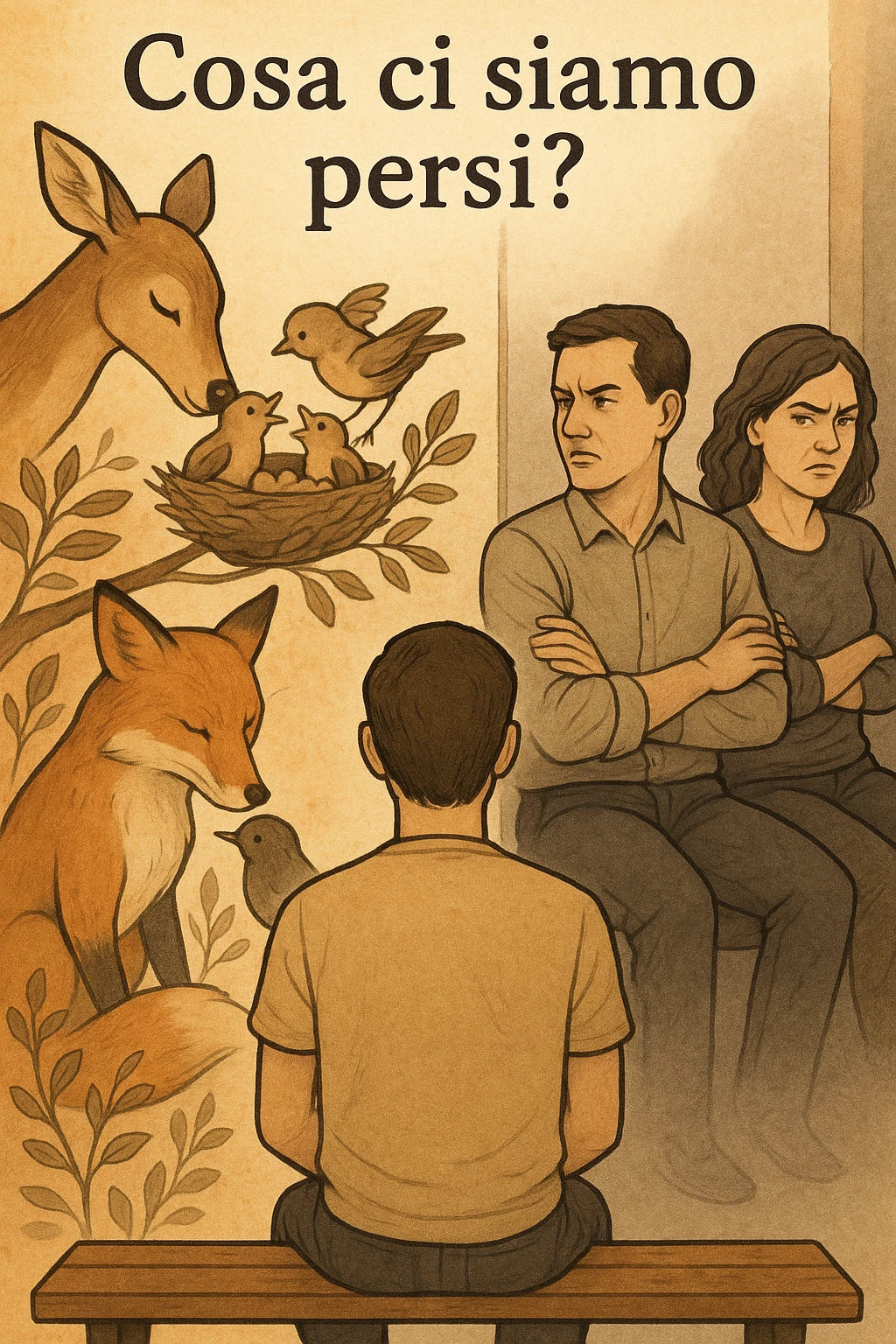 Vertical format: A man sitting on a bench. On the left, a scene of animals caring for each other. On the right, a human couple with tense expressions. Include Italian text: 'Cosa ci siamo persi?'. emoji