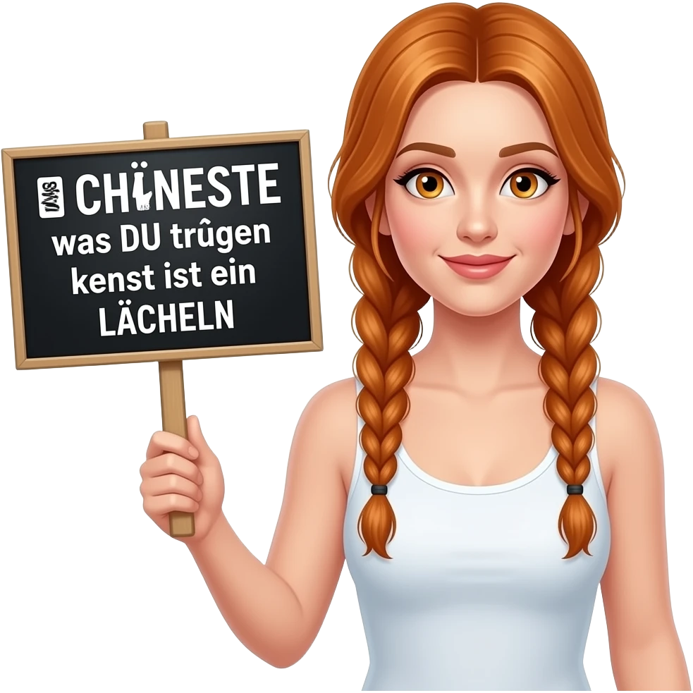 sexy girl with long ginger braids and ginger eyes wearing a white tanktop is holding a black sign with DAS SCHÖNSTE was DU tragen kannst ist ein LÄCHELN written on it emoji