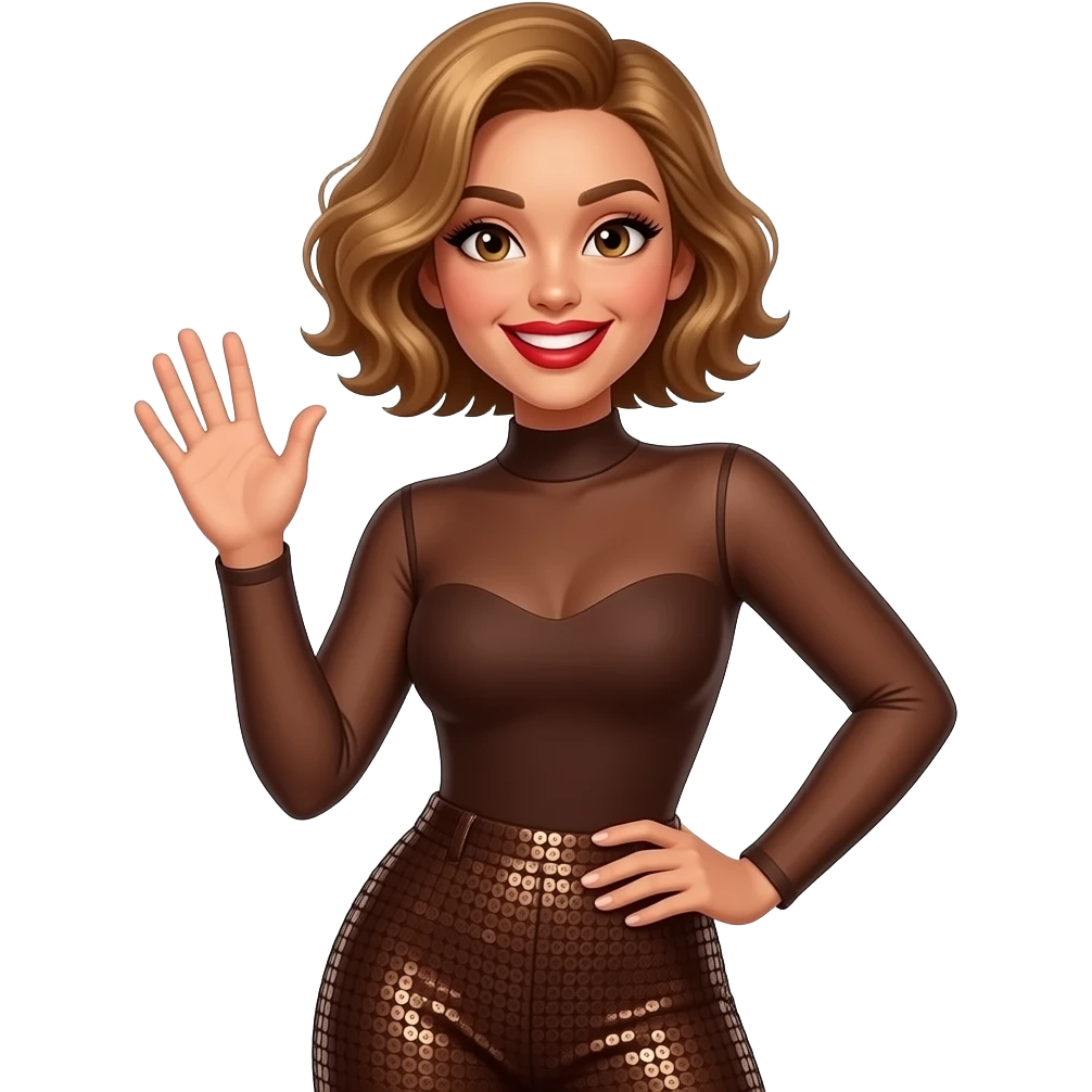glamours,-tanned,-very-beautiful-woman-with-big-plump-red-lips,-long-lashes,-honey-silky-very short- hair,-wavy-hair,-hazel-eyes- wearing-Chocolate-brown-sheer-Long-sleeved-bodysuit-Brown-sequinned-pants-Her-eyes-sparkle-and-she-is-smiling-Hand-up-waving-hello emoji