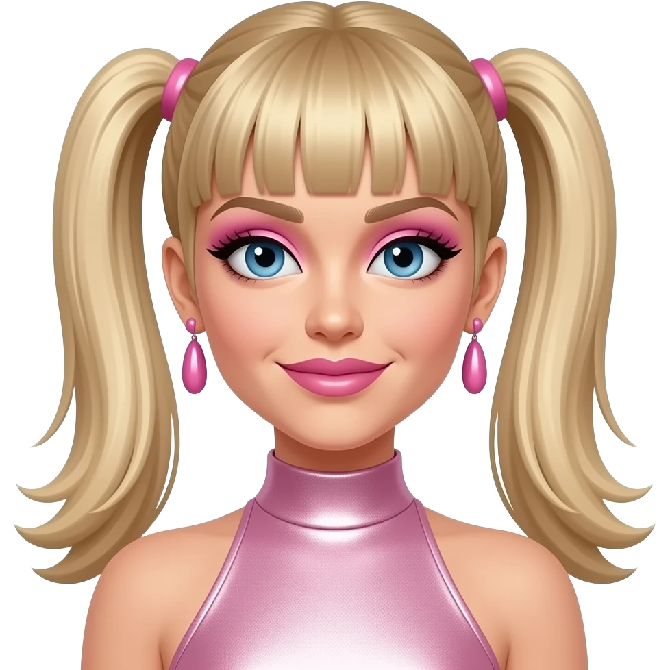 Emma Bunton from Spice Girls with blue eyes, long straight blonde two high ponytail hair with bang, pink eyeshadow, pink lipstick, light pink metallic high neck dress, pink earrings emoji