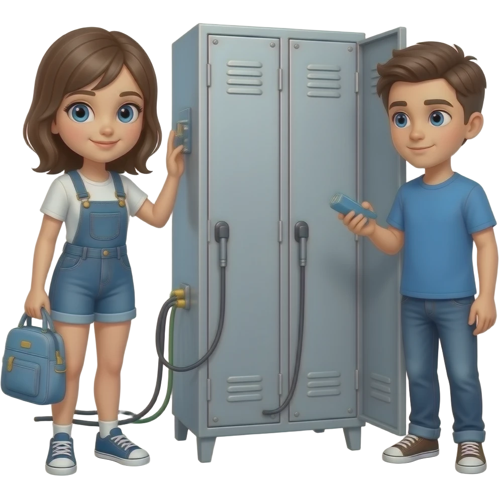 haz un vestidor de metal con cables i con una puerta. tambien una niña castanya con ojos azules i un niño con los ojos azules i el pelo corto. estan investigando emoji