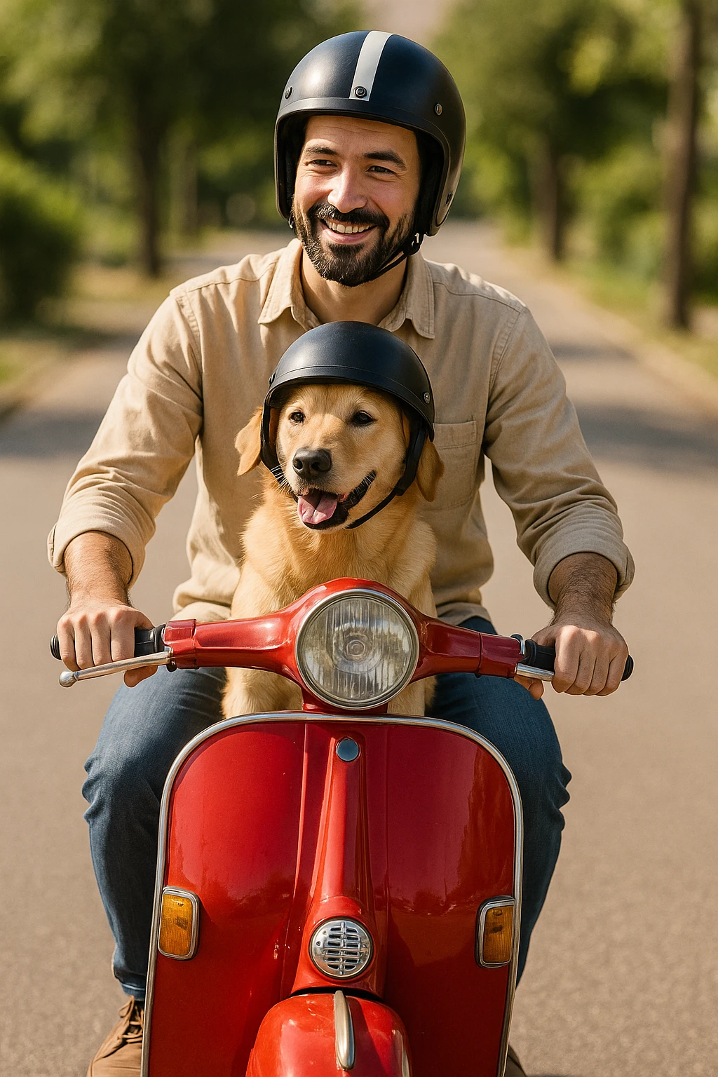 man and his pet dog riding a vespa emoji