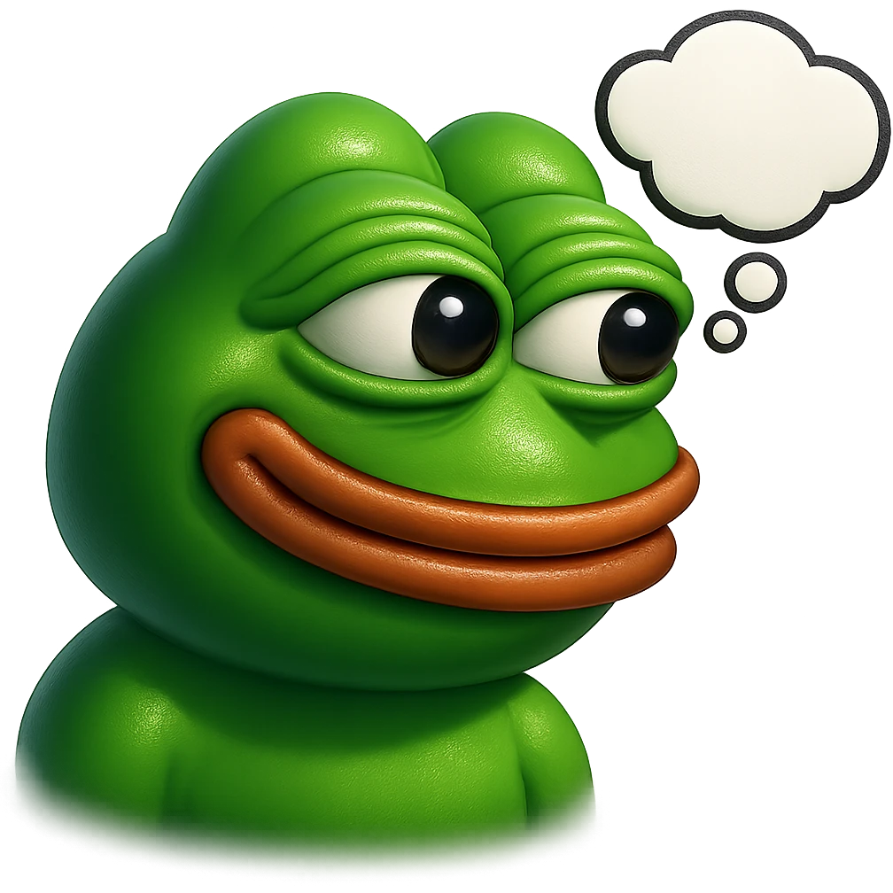 make a pepe in bright green smiling with thought bubble looking at right side in 3d style, good highlights and shadows, drop shadows emoji