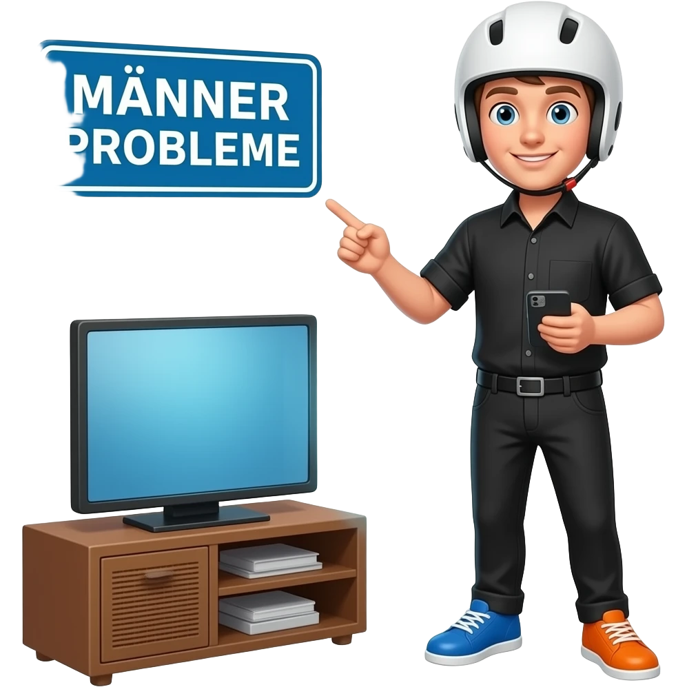 young man in black shirt and black pants wearing a white helmet, the right shoe is colored blue and the left shoe is colored orange, the right hand holds a pointer and the left hand is holding a handy, he stand in front of a tv and a sign with MÄNNER PROBLEME written on it is seen emoji