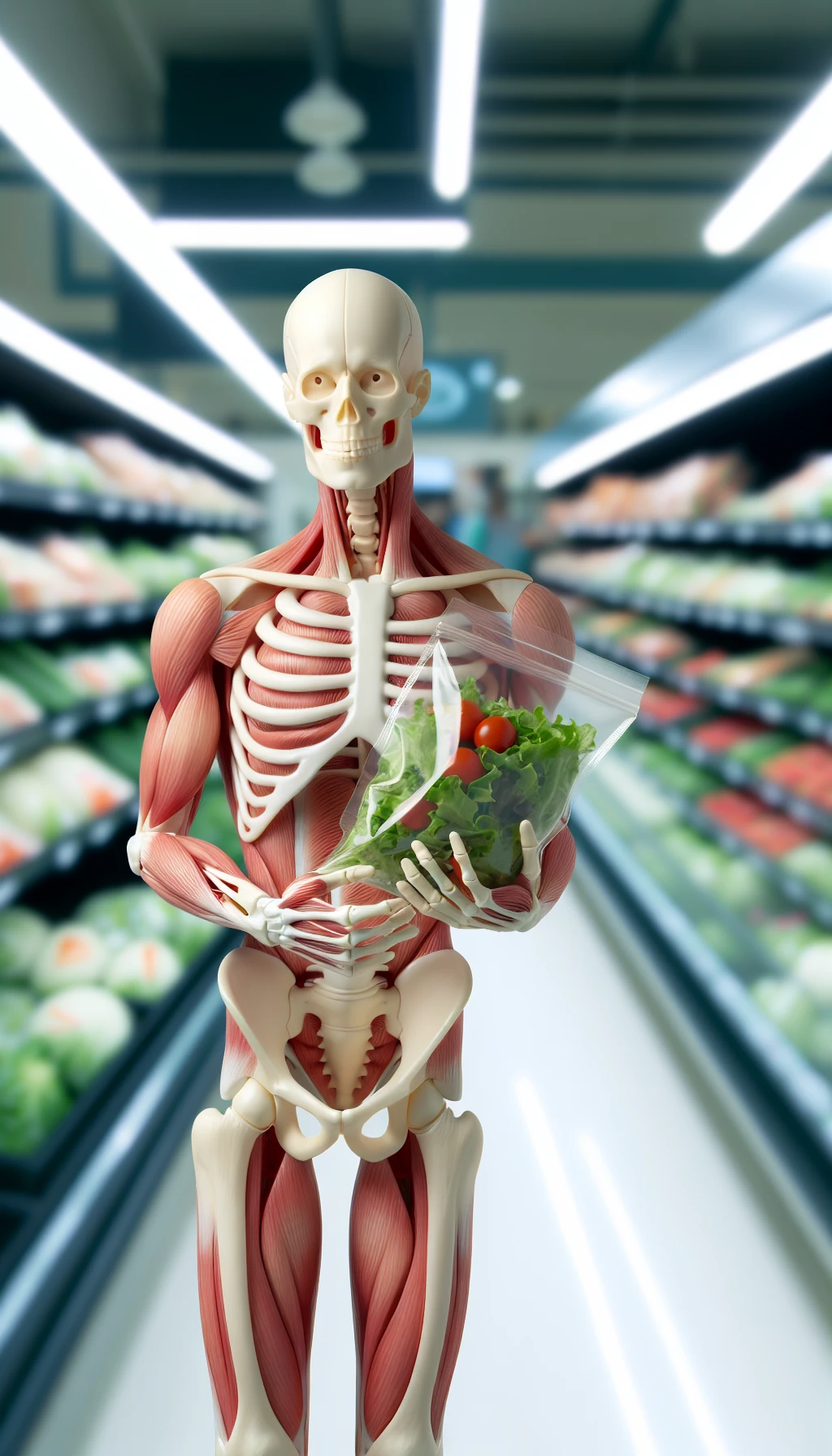 corpo umano anatomico in un supermercato che tiene in mano una busta di insalata di plastica preconfezionata, supermercato sfocato sullo sfondo emoji