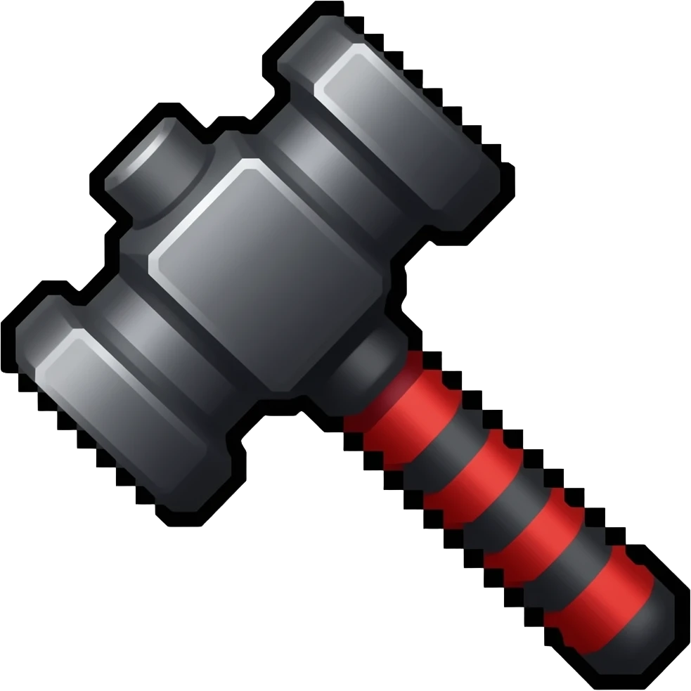 A pixelated bat-looking but red and black/white hammer representing admin emoji