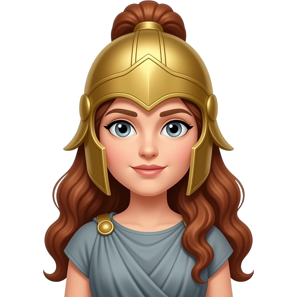 Minerva from Roman Mythology with grey eyes, long auburn spiral updo hair, grey peplos, gold armor and helmet emoji