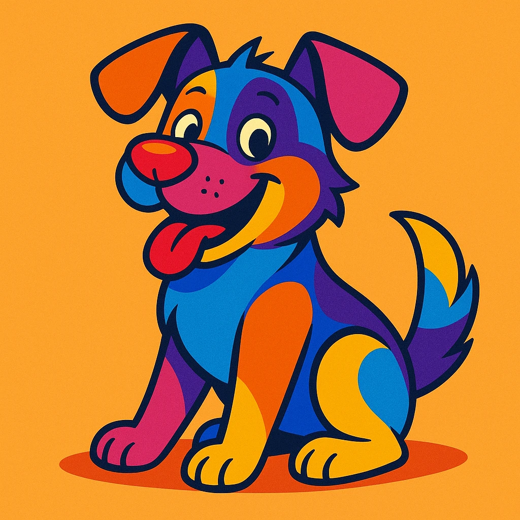 A cute cartoon dog, colorful fur, dynamic pose, sitting. emoji
