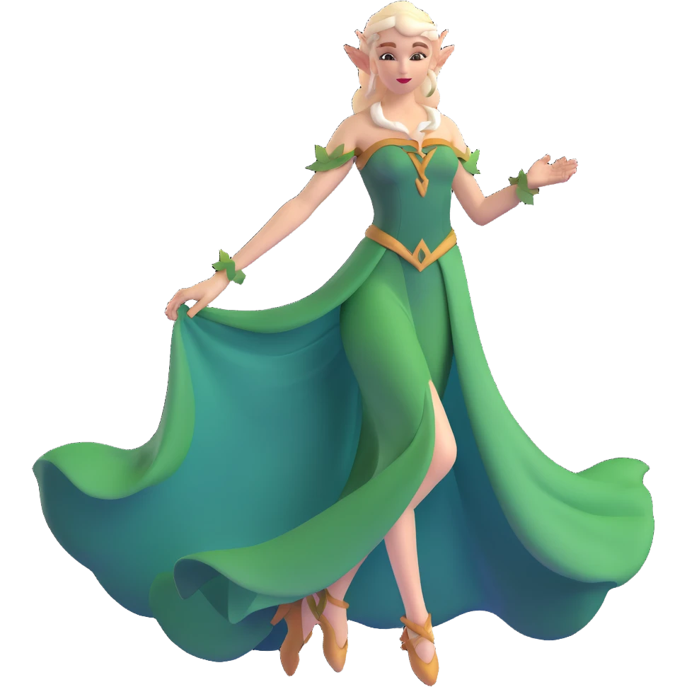 distinctly feminine elf maiden with graceful pose, flowing gown emoji