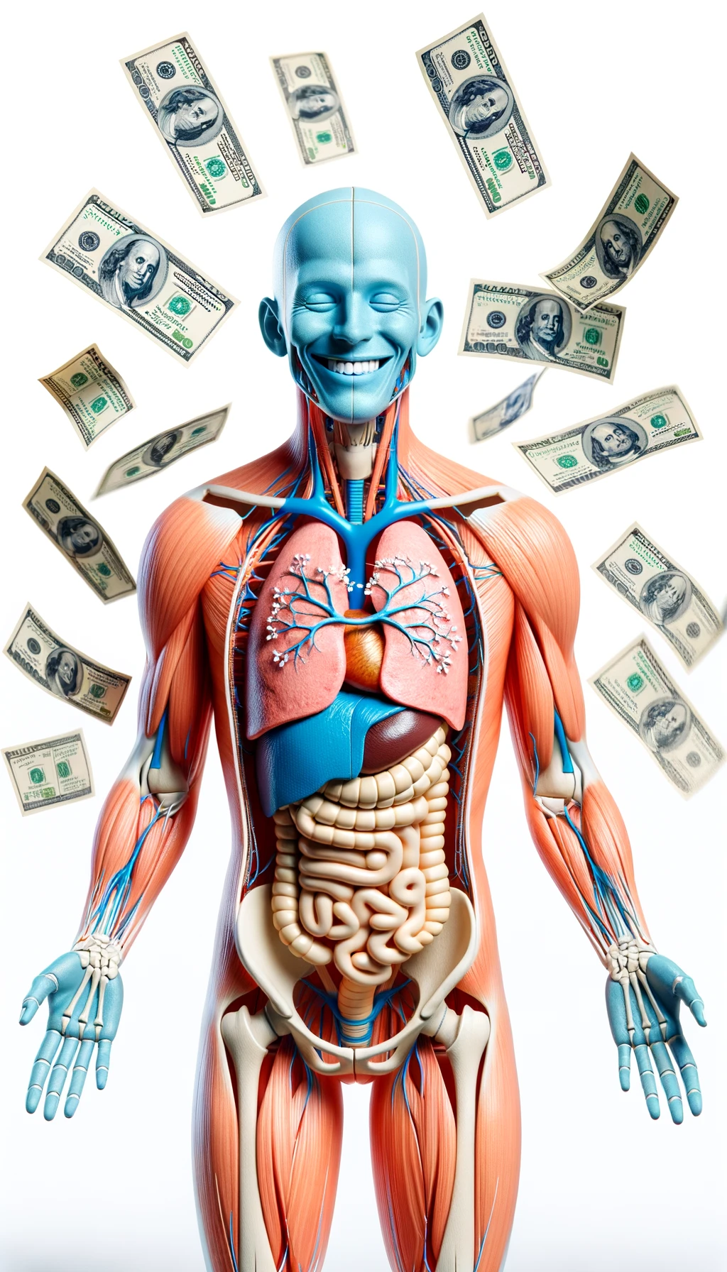 corpo umano anatomico sereno e felice con banconote sparse appiccicate sul corpo, espressione stupita, iperrealistica 4k, isolato su sfondo bianco emoji