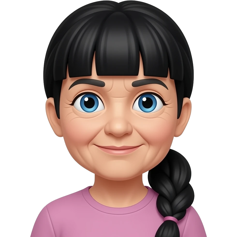 Blue eyes thick bangs ponytail black hair senior citizen 80yo emoji