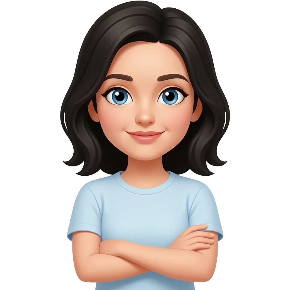Black hair, female, white skin, blue eyes with arms crossed emoji