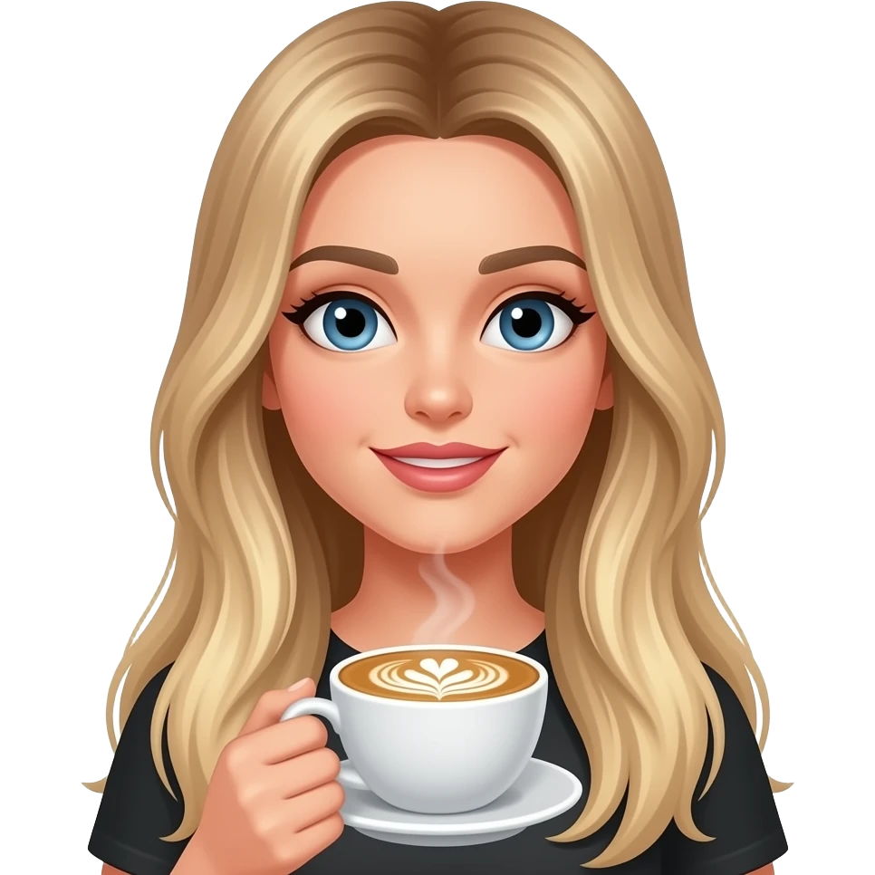 blue eye woman with extreme long straight blond hair with light ombré with late art coffee and MacBook gold emoji