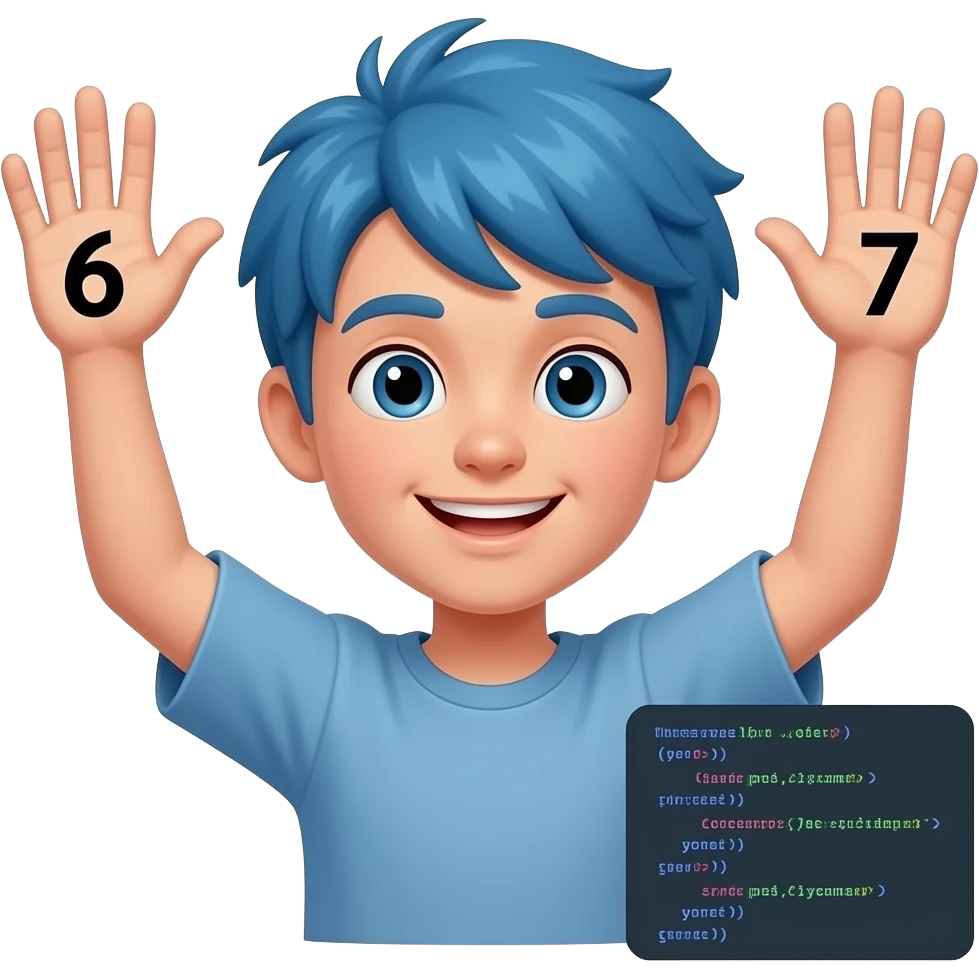 Decak sa plavom kosom sa podignutim rukamo pored glavd i brojevi na jedni ruku broj 6 a na drugu 7 i pored da pise kod emoji