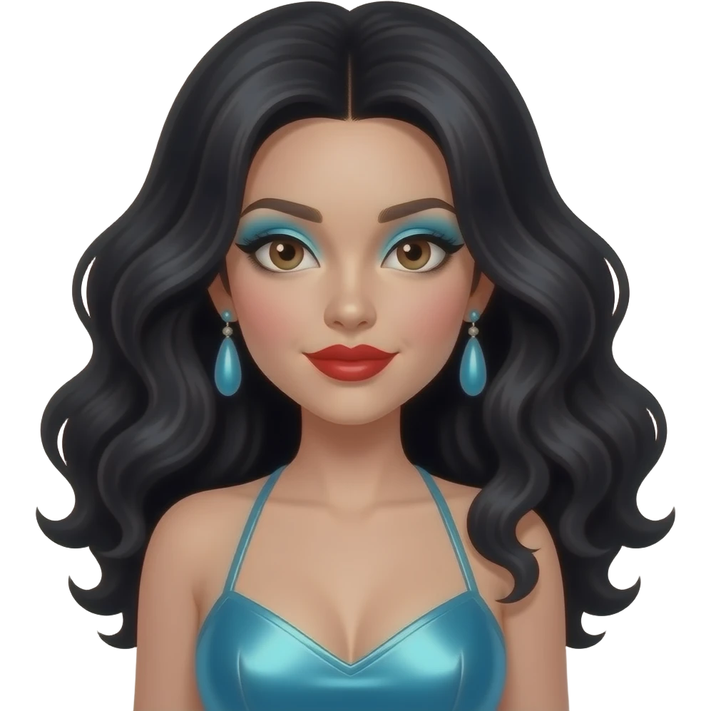 Cher with dark brown eyes, long black disco curls hair, cyan eyeshadow, red lipstick, cyan metallic halter dress, cyan earrings emoji