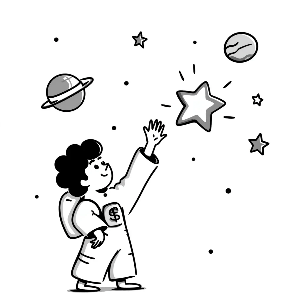 A hand-drawn whimsical space scene with stars and planets emoji