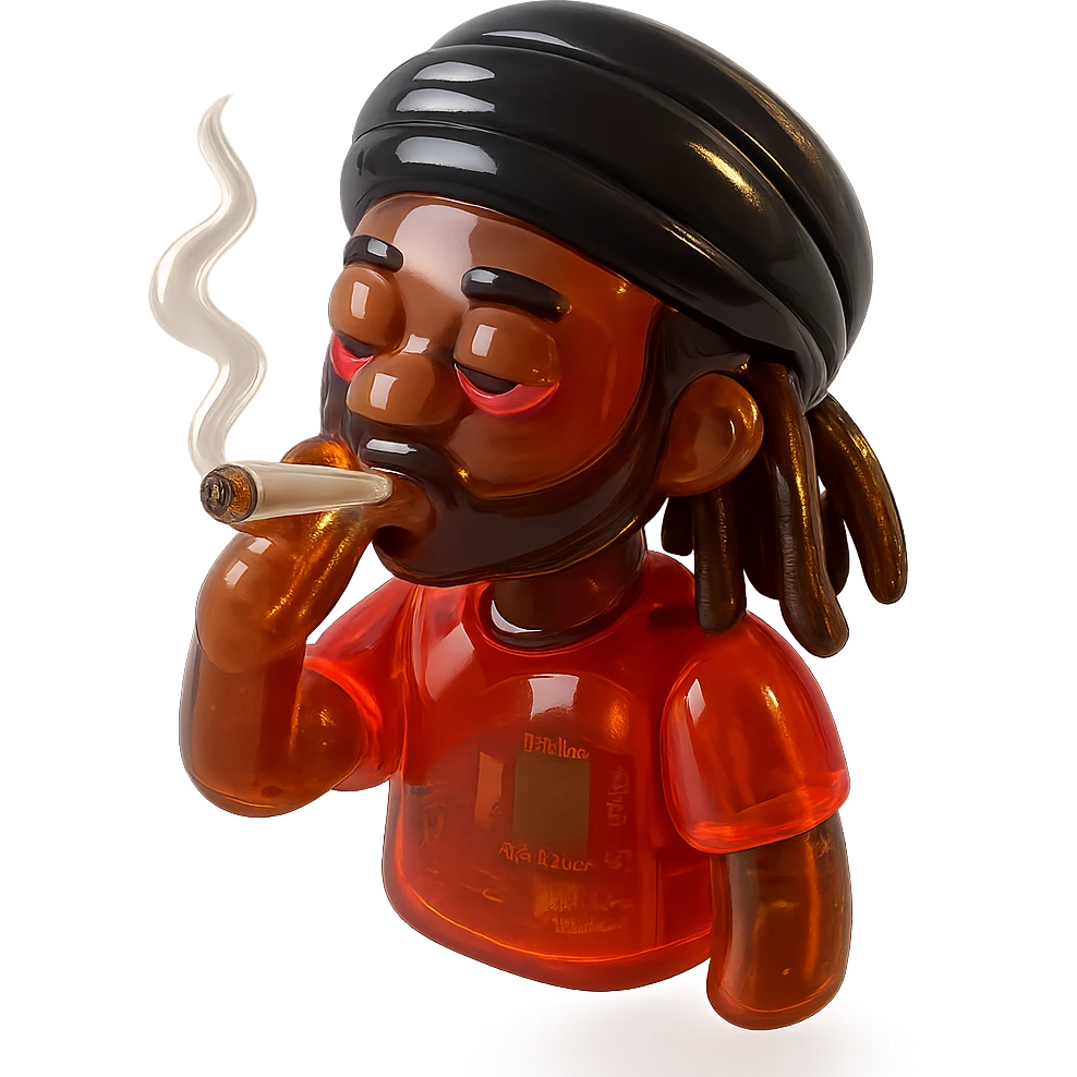 Brownskin man with long brown dreadlocks 
red t-shirt 
black turban 
expression is smoking weed  emoji