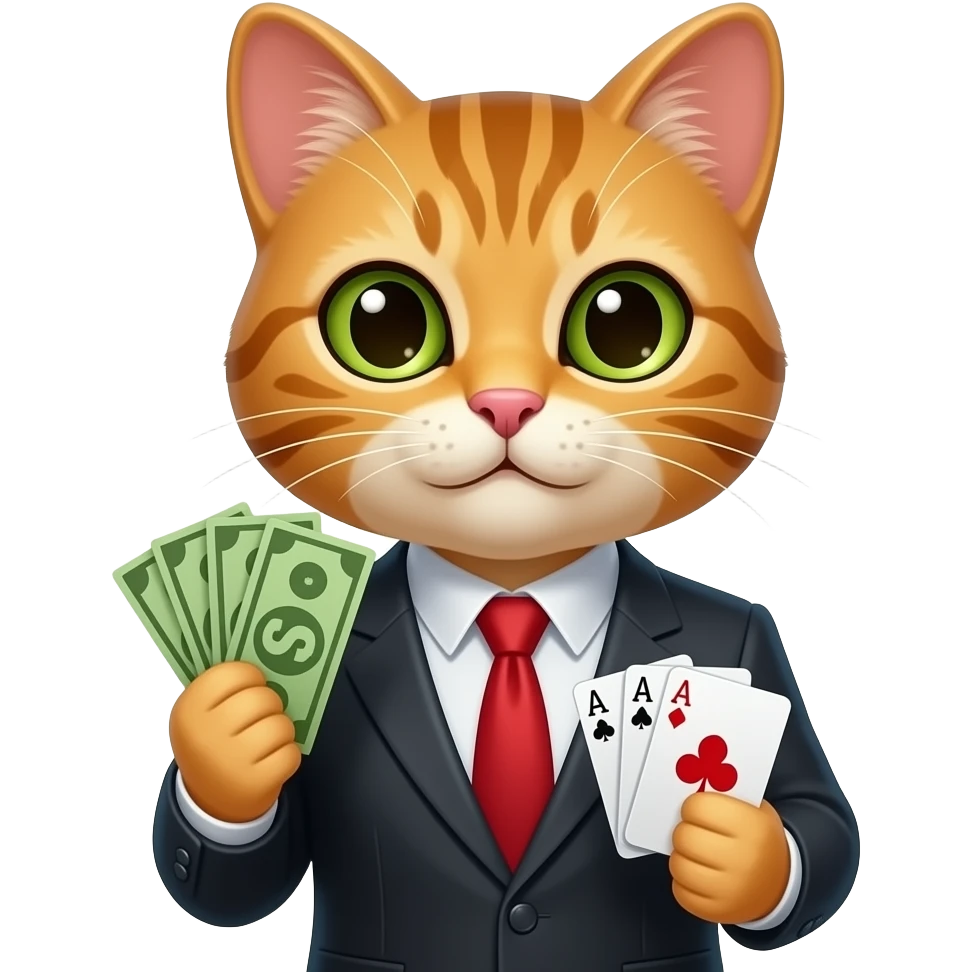 Gambler cat holding money, cards front facing half bust emoji