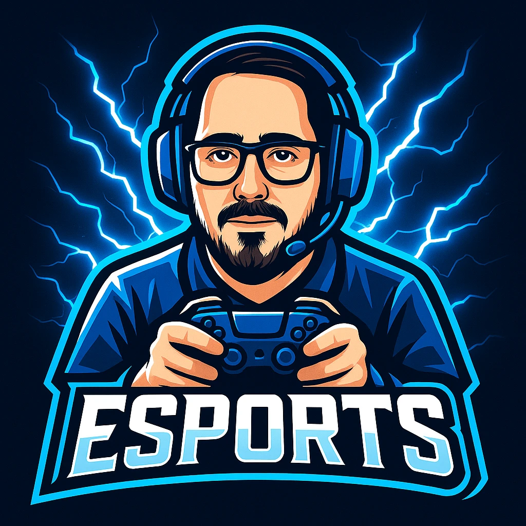 Design a stylized eSports logo using the reference photo. Show the person with a blue gaming headset, holding a controller, with bold blue and white glowing effects and a lightning background. emoji