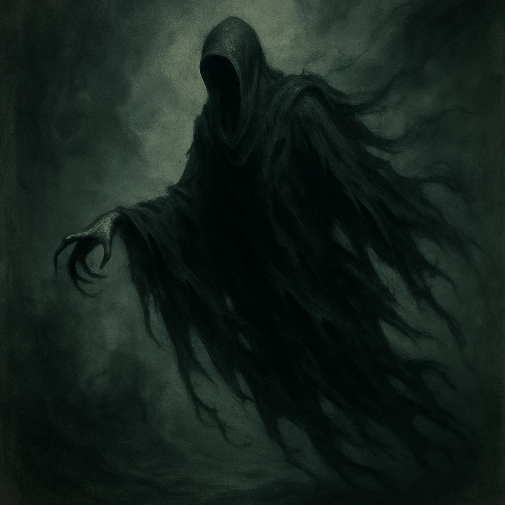 dementor, dark and ghostly, floating, tattered cloak, menacing presence, unique style, eerie atmosphere emoji