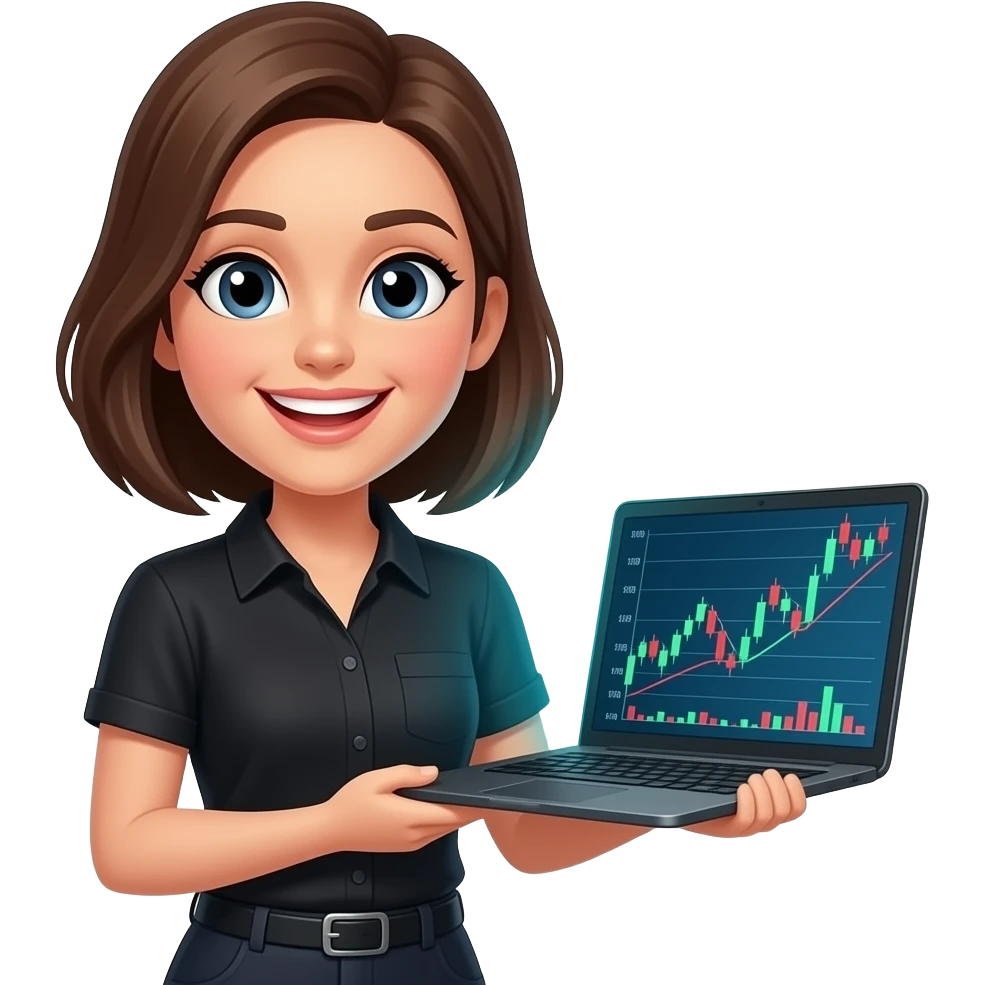 friendly and inspiring female forex trader mascot, mid 20s, black shirt emoji