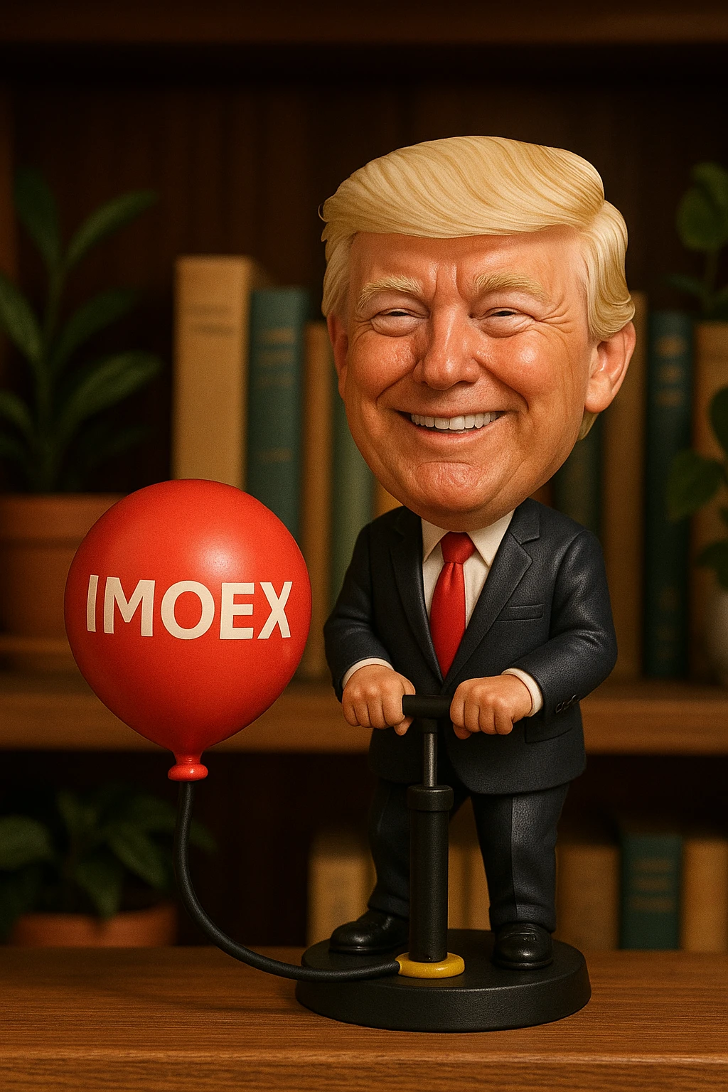 Дональд Трамп  улыбается в поте лица качает через насос, который подключен к шарику, который символизирует фондовый рынок и на нём написано IMOEX emoji