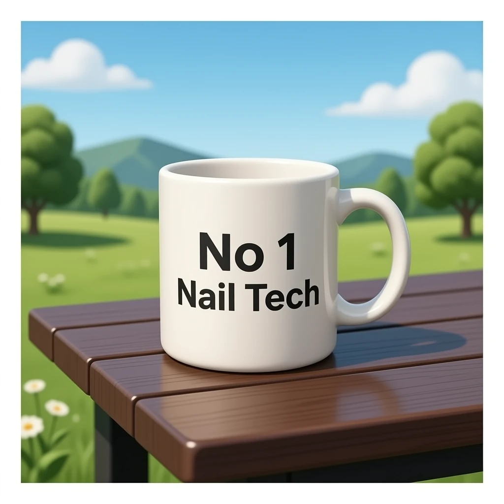 Table surface with mug saying no 1 nail tech emoji