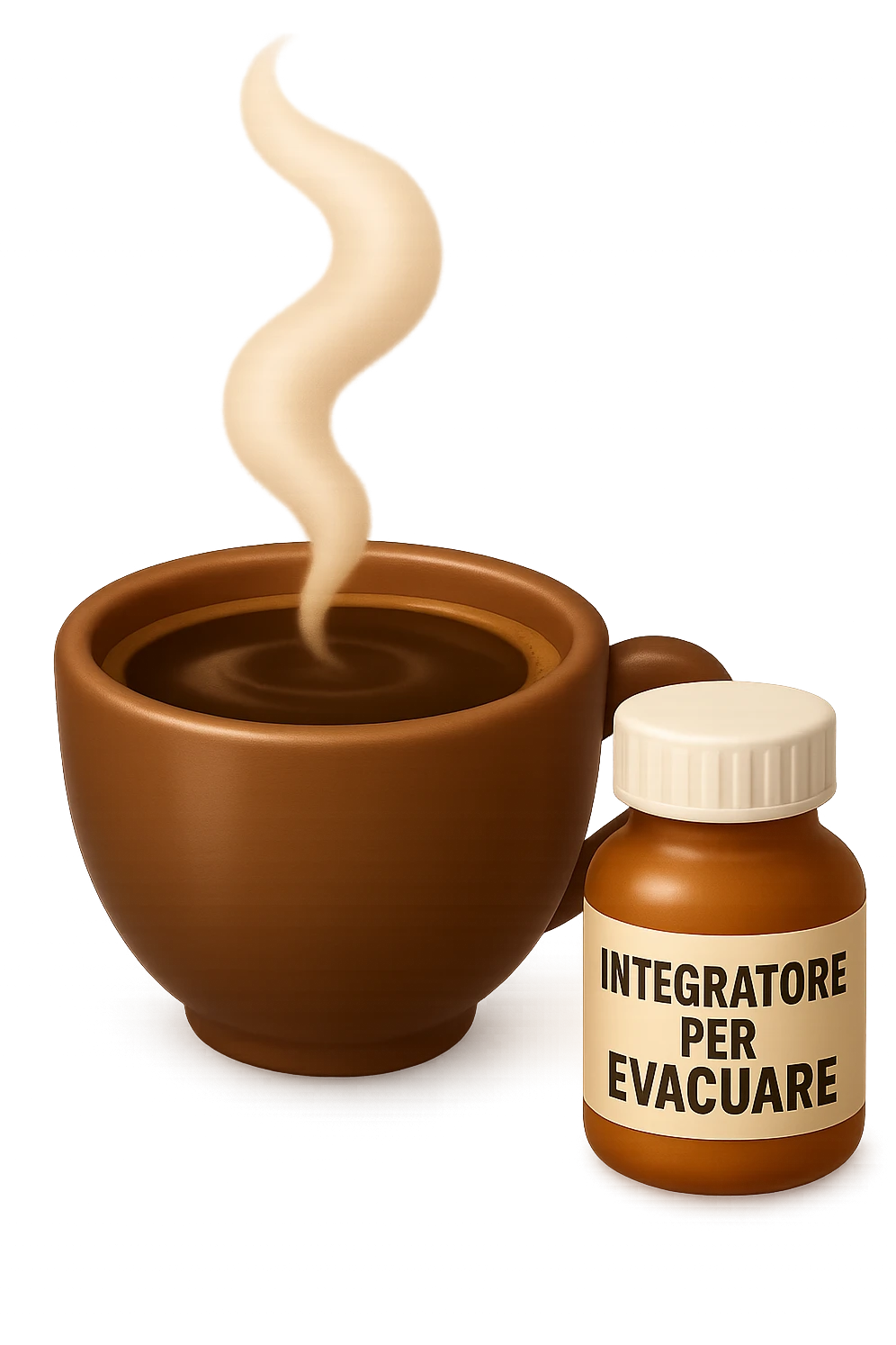 EMOJI STILE IPHONE 3D DI un caffè e di una boccetta di integratore con la scritta "INTEGRATORE PER EVACUARE" SULL'ETICHETTA, iperrealistico 4k emoji